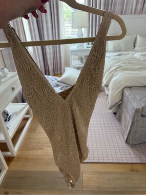 H&M Shimmery Gold V-Neck Textured Bodysuit